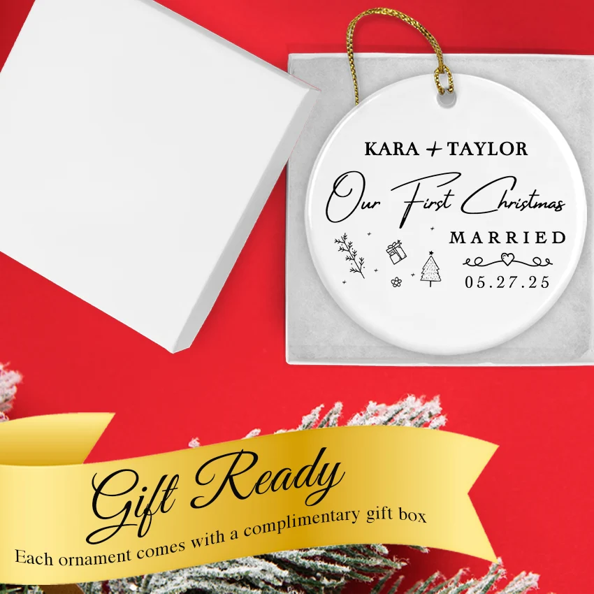 Hand holding the sprig line ornament to show its 2.85-inch diameter and custom text