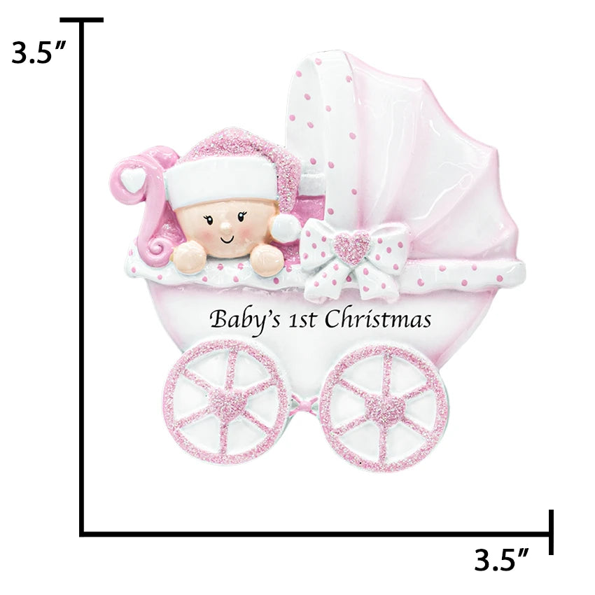 Custom baby girl carriage Christmas ornament, a lovely keepsake to celebrate her first Christmas.