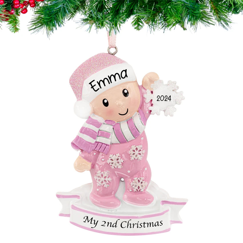 Custom baby's second Christmas ornament with a girl holding a snowflake, a sweet keepsake for her.