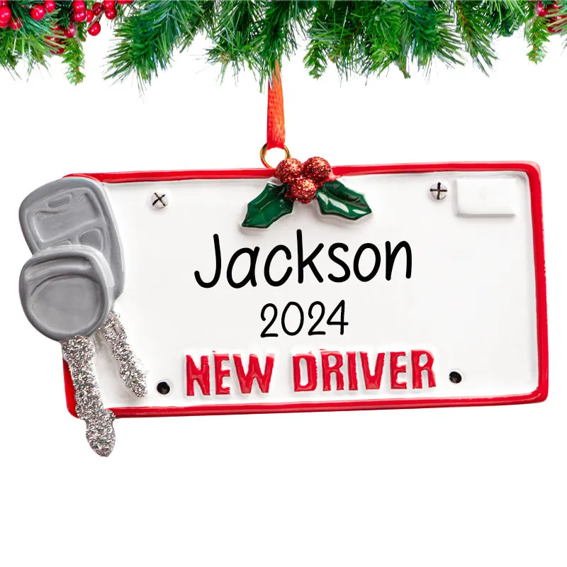 Custom driver's license ornament for Christmas with personalized details, an ideal keepsake for celebrating new drivers during the holiday season.