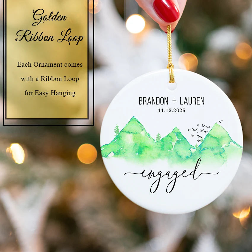 Personalized Green Mountain ornament nestled in a keepsake gift box with ribbon