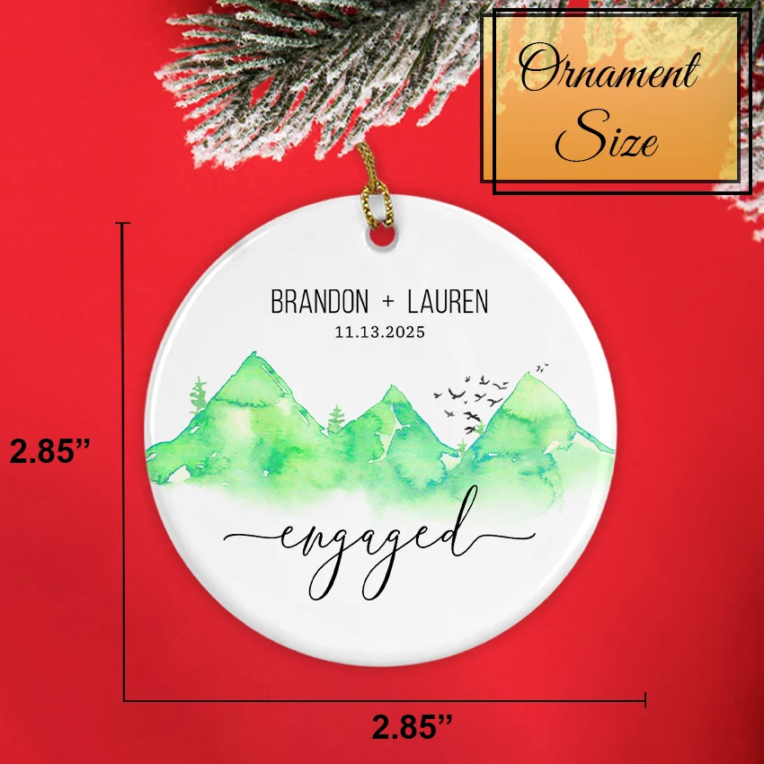 Size chart showing the 2.85-inch diameter of the mountain‑scape engagement ornament