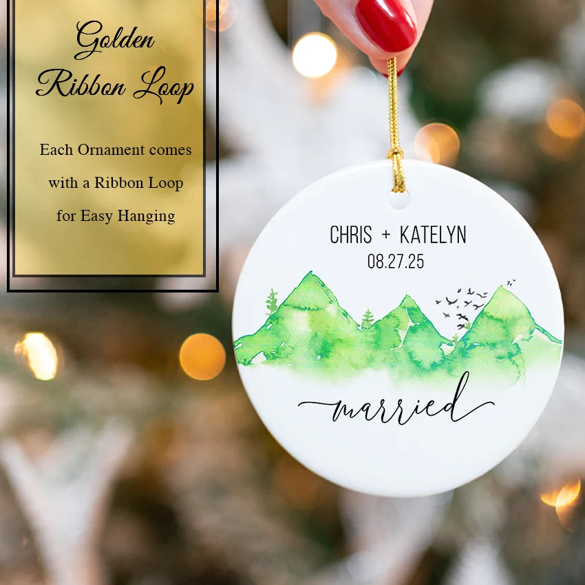 Custom wedding ornament nestled in its gift-ready keepsake box with gold ribbon