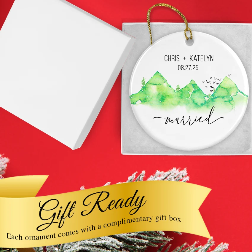 Custom wedding ornament nestled in its gift-ready keepsake box with gold ribbon