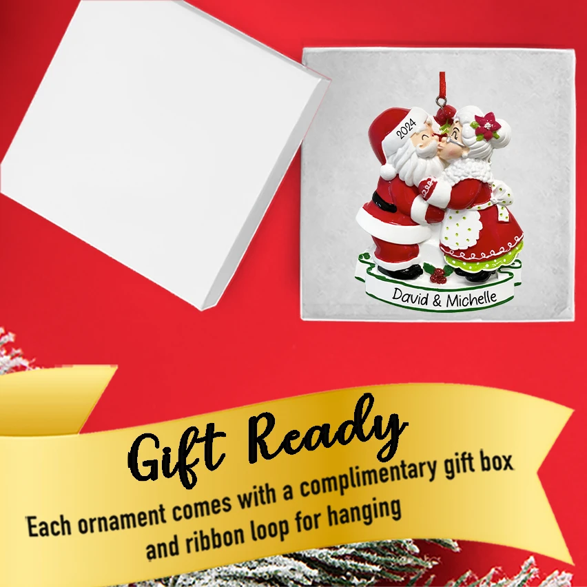 Commemorate your love with our first Christmas together kissing Santa couple ornament.