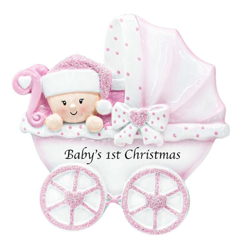 Personalized baby girl carriage Christmas ornament with custom name, perfect for her first holiday.
