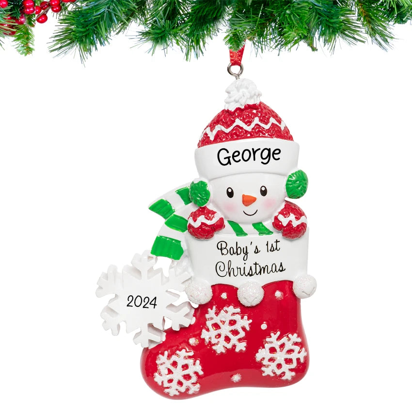Personalized baby's first Christmas ornaments with custom name and date, perfect for commemorating a precious holiday milestone.