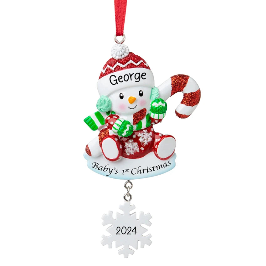 Personalized baby's first Christmas snowbaby ornament with custom name and year, a charming keepsake for a special holiday memory.