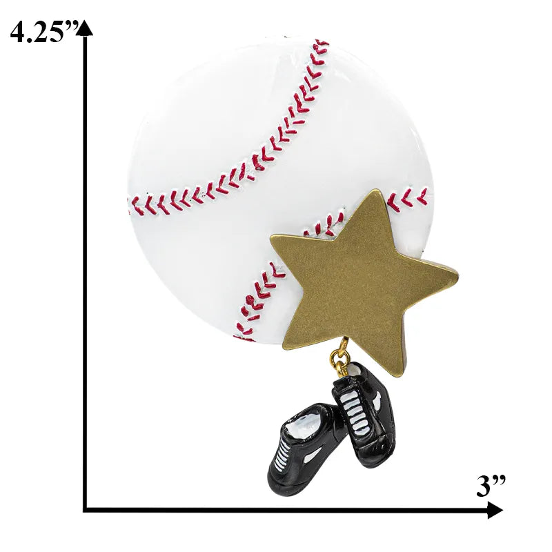 Close‑up of baseball ornament showing realistic stitching, cleats, and personalized text