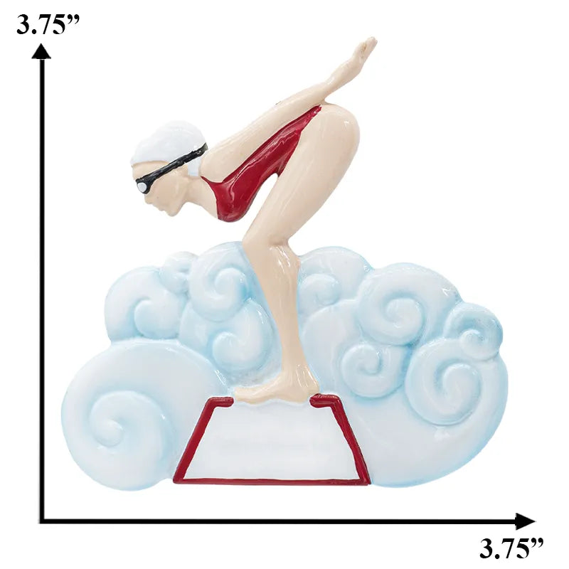 Personalized Christmas ornament featuring a swimming girl design with custom name, ideal for celebrating young swimmers during the holidays.