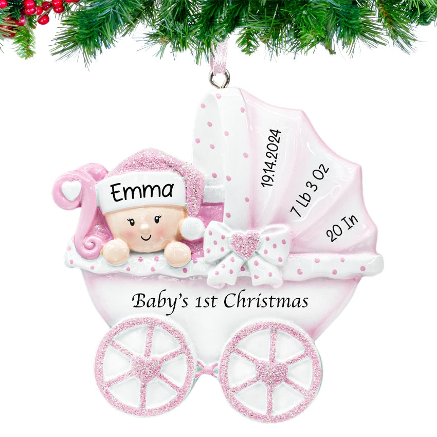 Personalized Christmas ornaments featuring a baby girl carriage, a unique keepsake for her holiday.