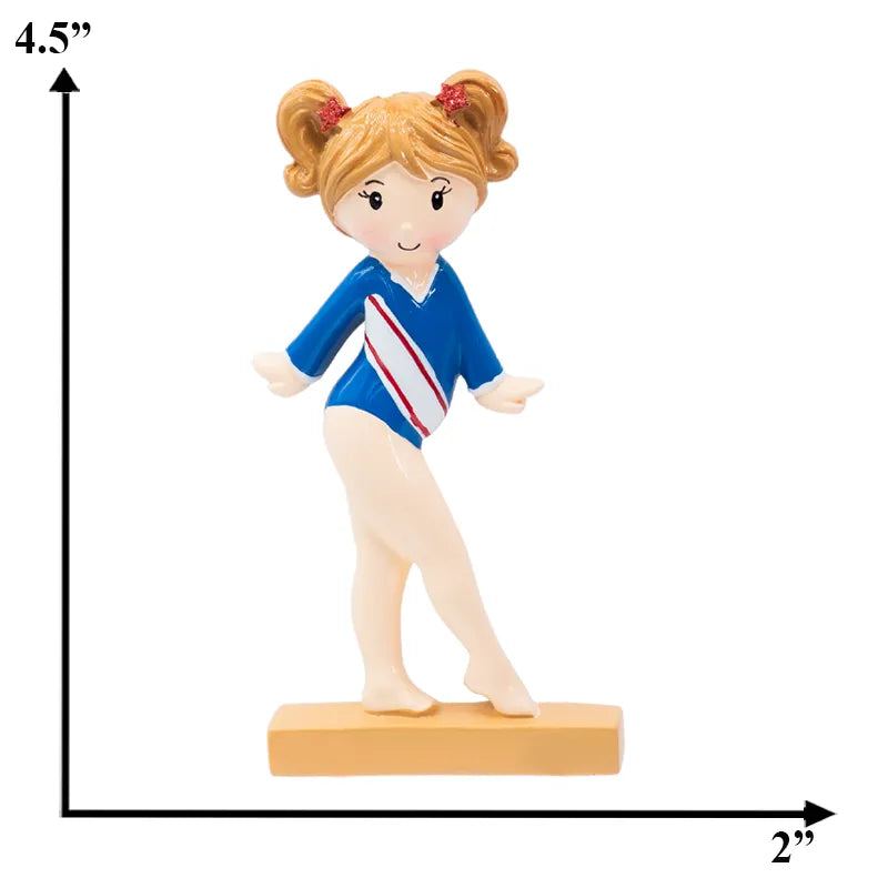 Personalized Christmas ornaments featuring a gymnast girl in a blue leotard, perfect for celebrating athleticism and the holiday season.