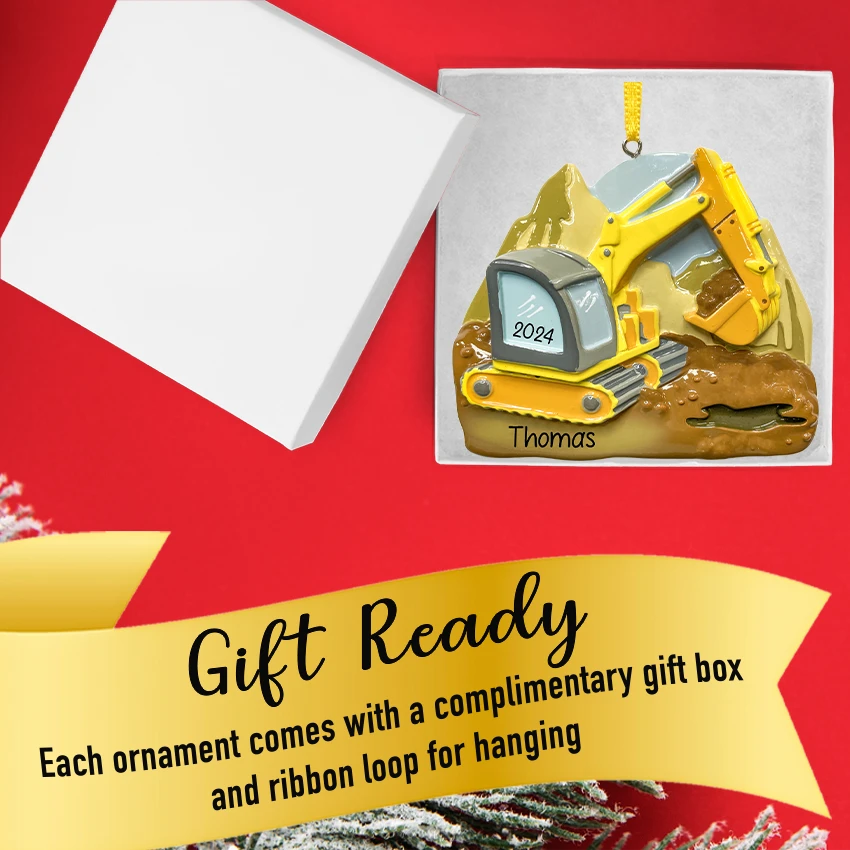 Celebrate the builder in your life with a personalized construction excavator Christmas ornament.