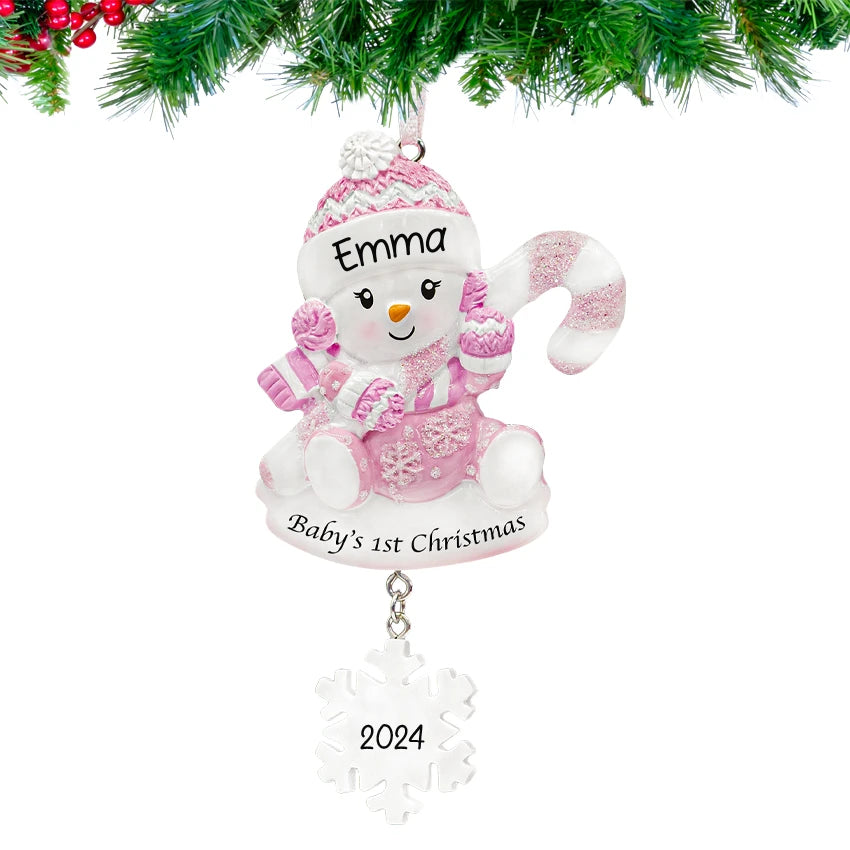 Personalized girl first Christmas ornaments featuring a snowbaby, a sweet keepsake for her memories.