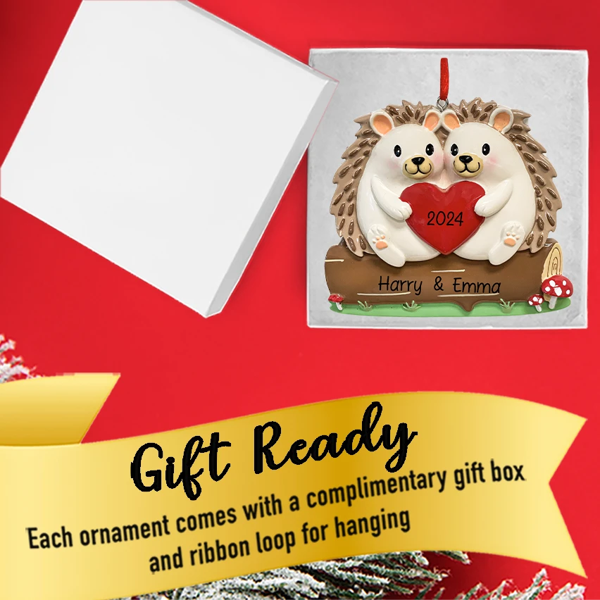 Celebrate your first holiday together with a personalized hedgehog first Christmas couple ornament.