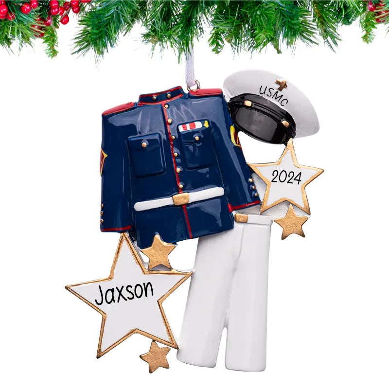 Customize your holiday decor with a personalized marine uniform ornament, ideal for honoring military service.