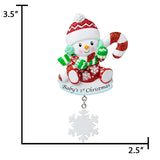 Personalized snowbaby first Christmas ornament with custom name and year, a perfect keepsake for a baby's milestone holiday.