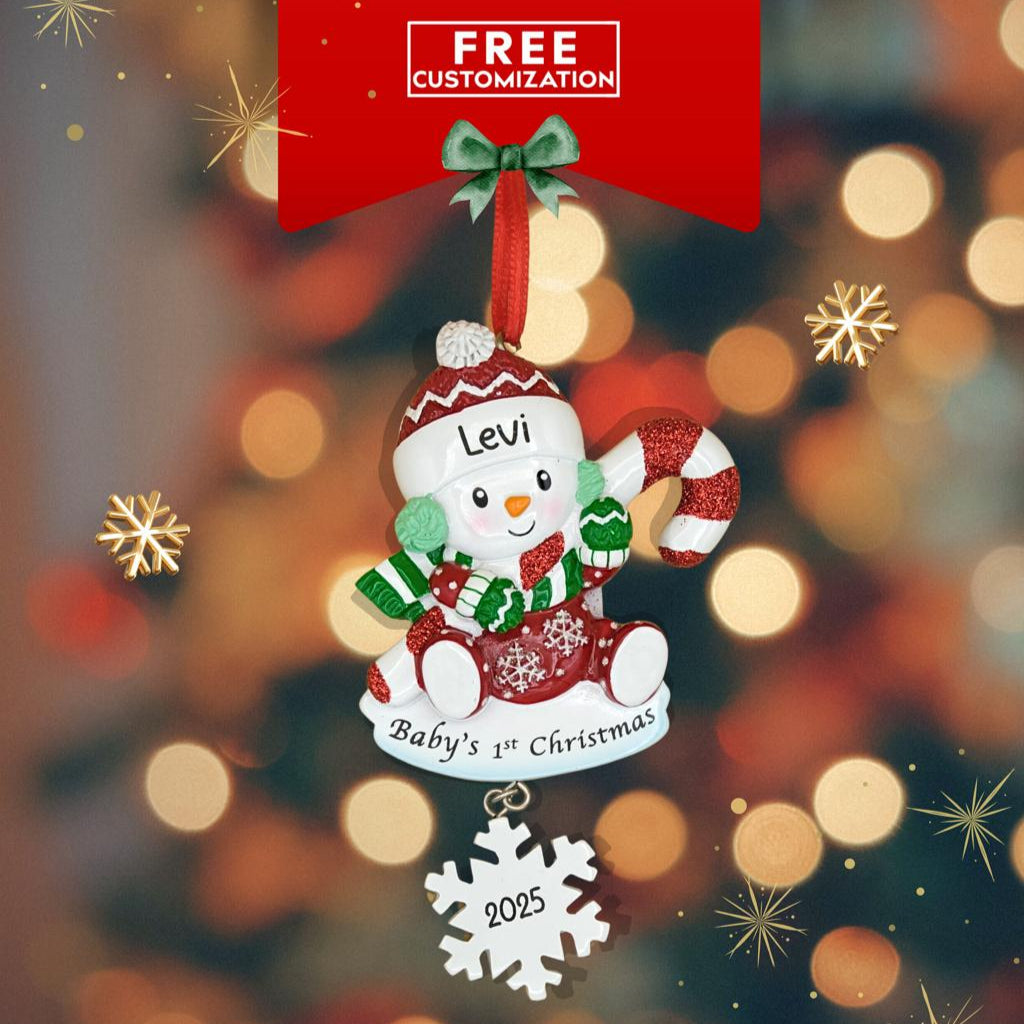 Personalized Christmas ornament with 'Levi' and 'Baby's 1st Christmas 2025' on a festive background.