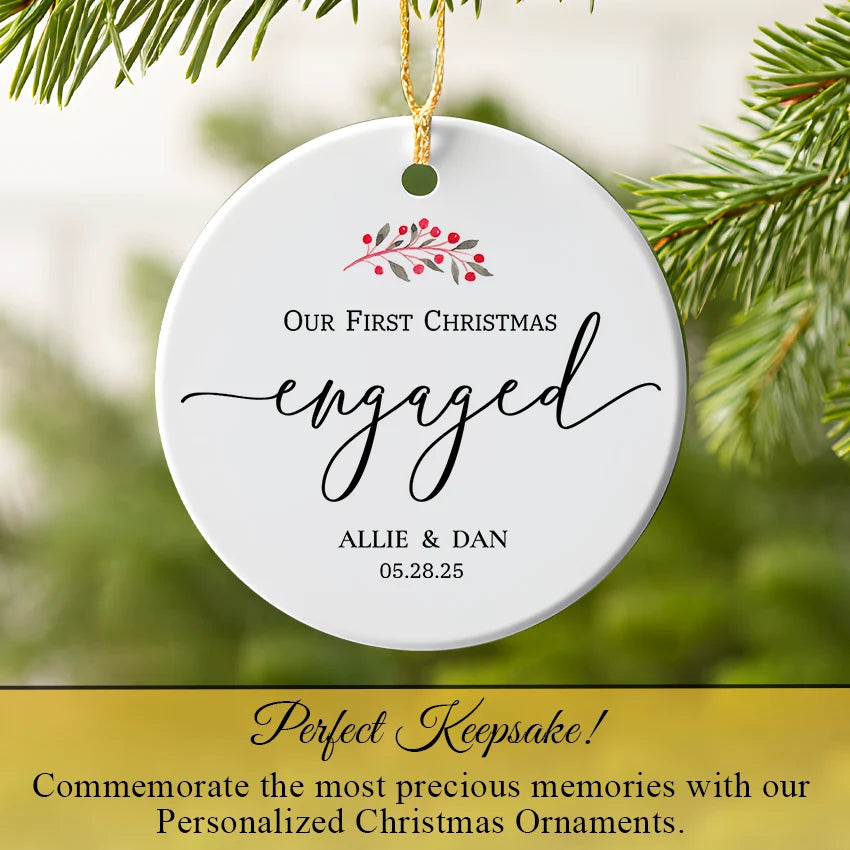 Custom engagement ornament hanging on a Christmas tree branch with pine needles and lights