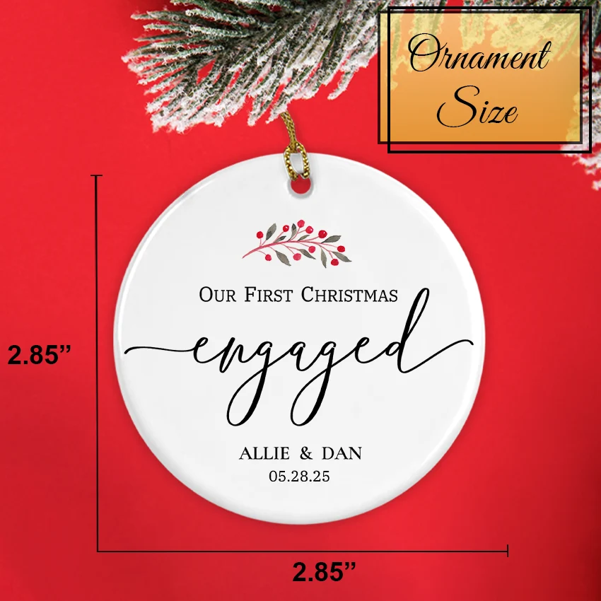 Size chart displaying the 2.85-inch diameter of the ceramic engagement ornament