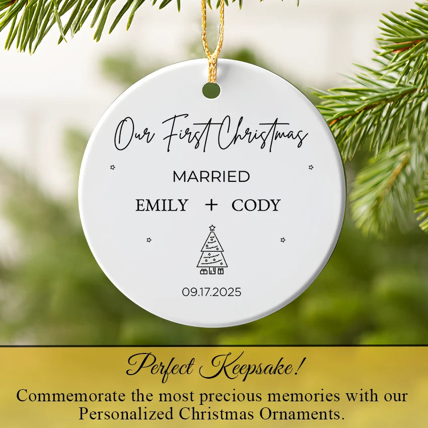 Married ornament hanging on a Christmas tree branch among twinkling lights