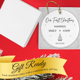 Hand holding the tree & stars ornament to show its 2.85-inch diameter and custom text