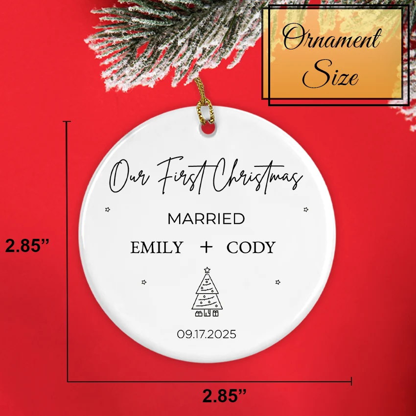 Size chart displaying the 2.85-inch diameter of the ceramic Married Christmas keepsake"