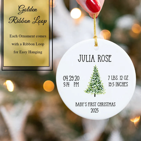 Custom Baby's First Christmas Round Ornament with Tree Design with Ribbon ORN027.BABY