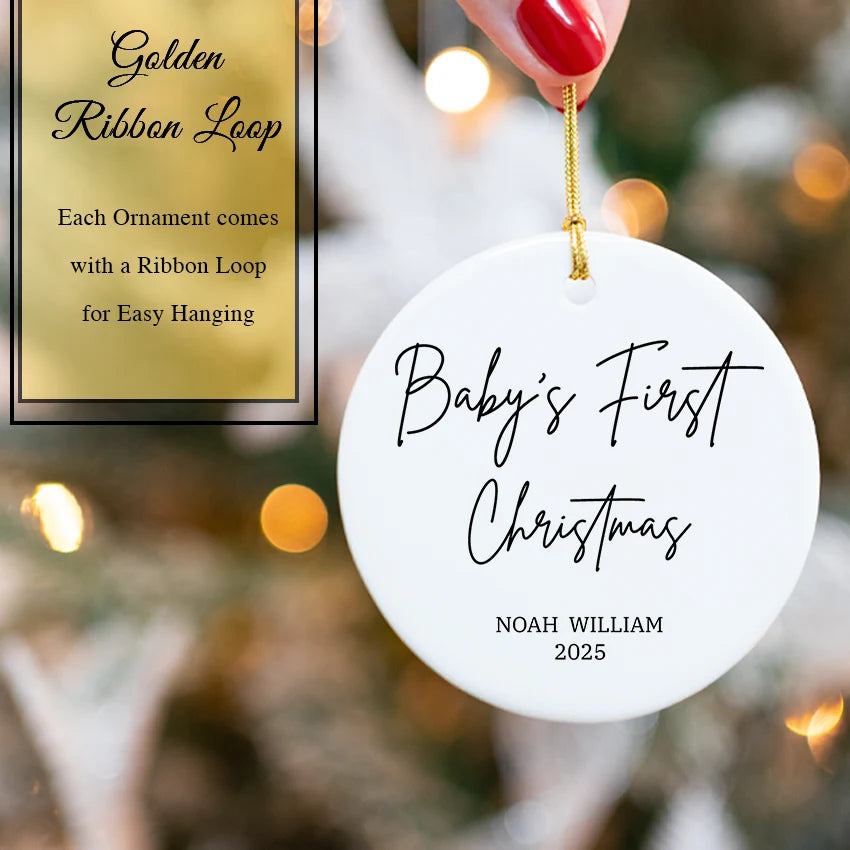 Custom Baby's First Christmas Ornament - Handwriting Design with golden ribbon